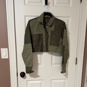 ZARA Olive Patchwork Cropped Utility Jacket
